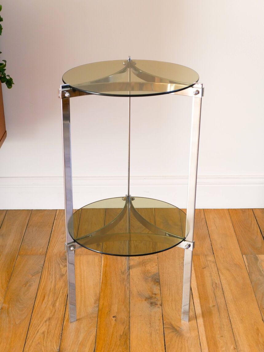 Sellette tripode en chrome et verre fumé, double étages, Design, 1970