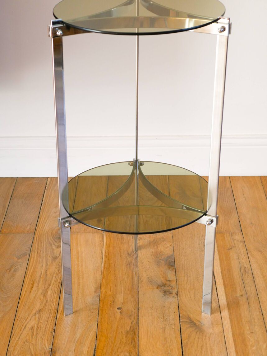 Sellette tripode en chrome et verre fumé, double étages, Design, 1970