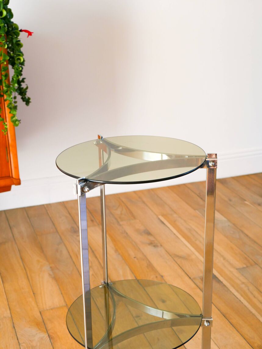 Sellette tripode en chrome et verre fumé, double étages, Design, 1970