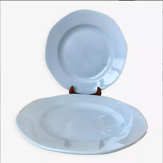 Duo of round dishes Digoin Sarreguemines sky blue 50s-60s