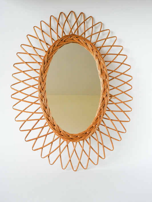 Miroir soleil en rotin vintage, 1960