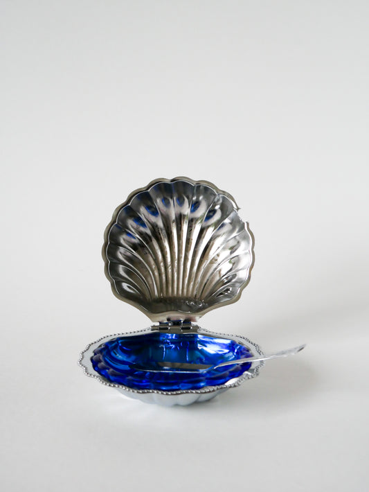 Beurrier coquillage en inox et verre bleu, avec beurrier, 1970