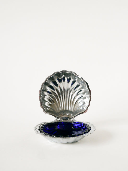 Vide-poche coquillage en inox avec intérieur en Verre bleu, Design, 1970