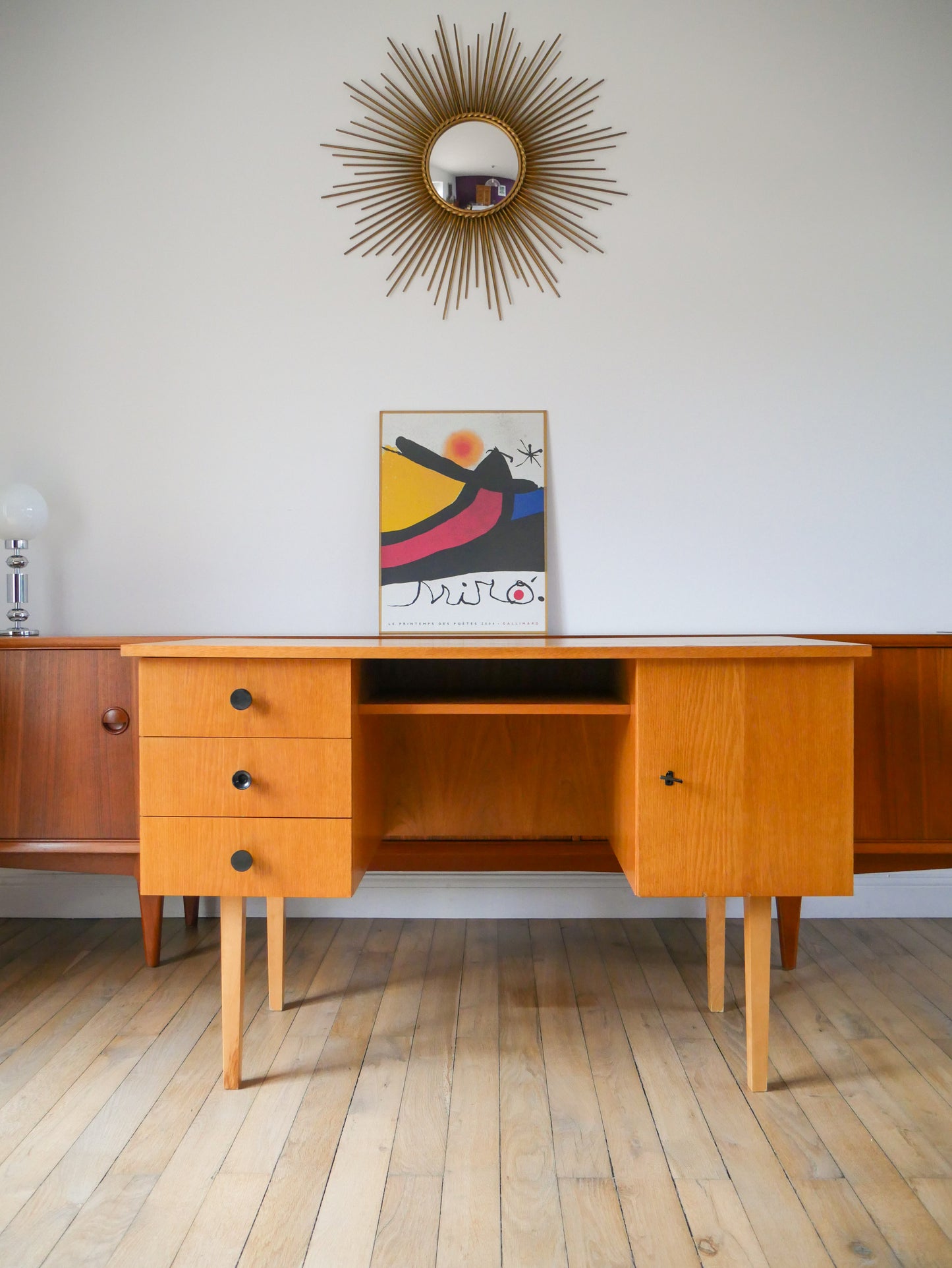 Bureau en placage chêne clair Scandinave Mid-Century, Design, 1950