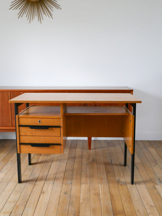 Bureau scandinave en placage chêne blond et métal, Design Moderniste, 1960