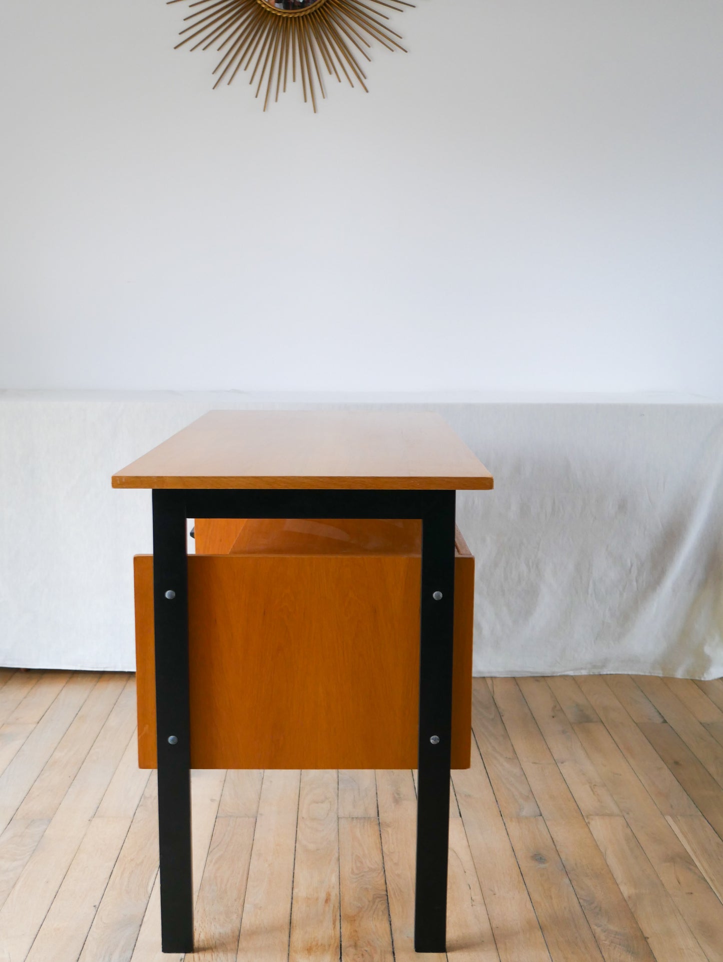 Bureau scandinave en placage chêne blond et métal, Design Moderniste, 1960