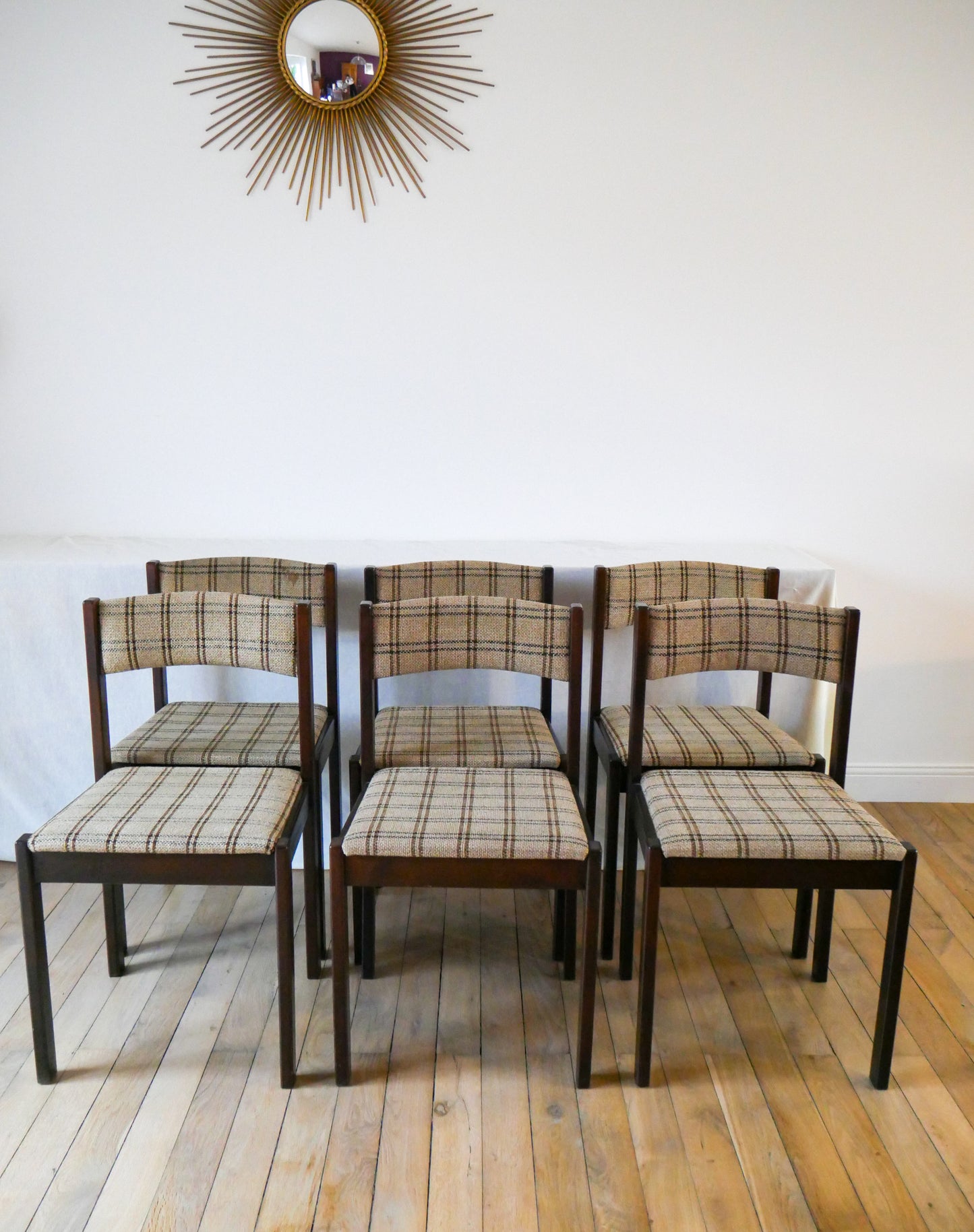 Ensemble de 6 chaises en bois et tweed, 1970