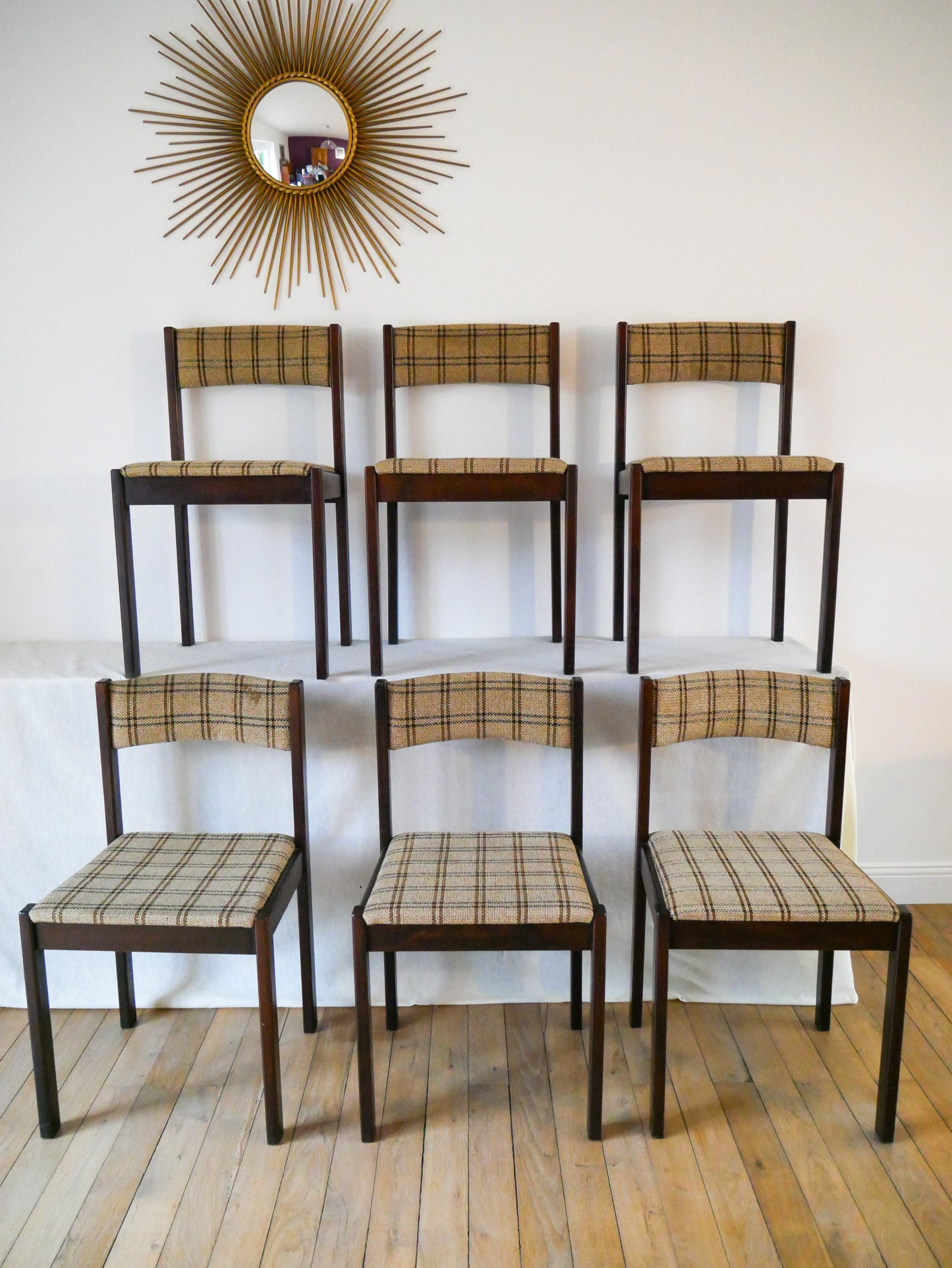 Ensemble de 6 chaises en bois et tweed, 1970