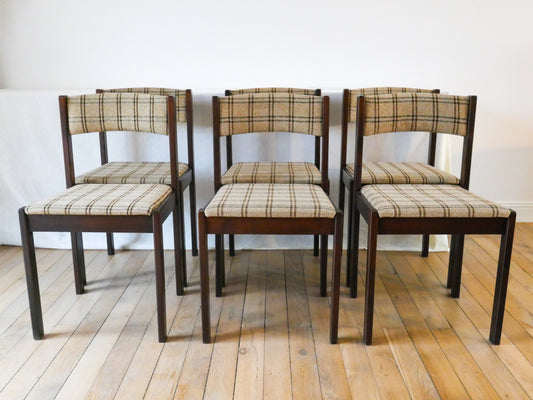 Ensemble de 6 chaises en bois et tweed, 1970