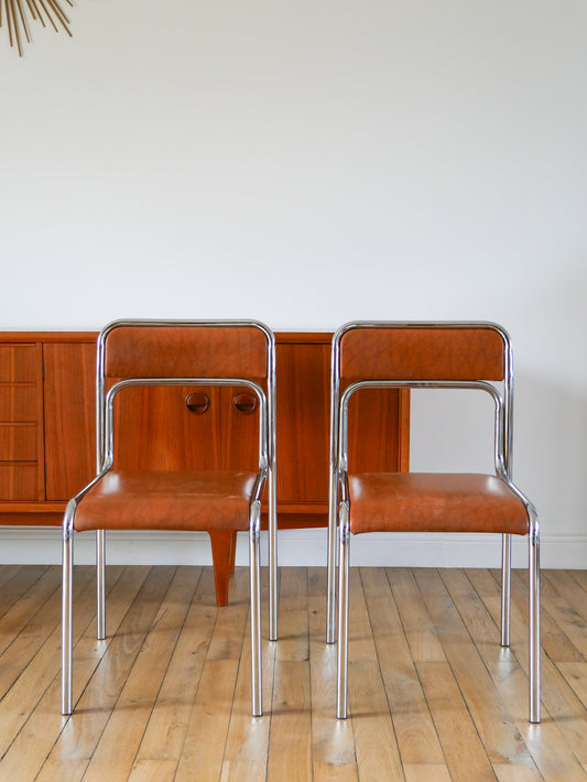 Paire de chaises en chrome et skaï marron, design, 1970