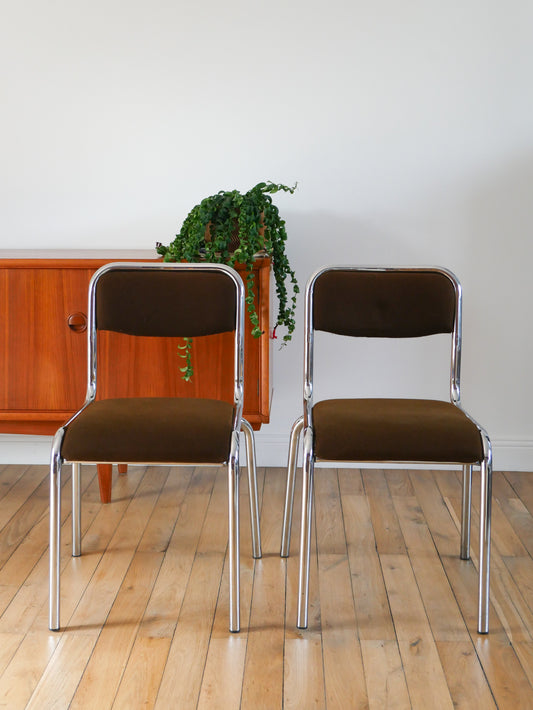 Paire de chaises en chrome et tissu marron, design, 1970