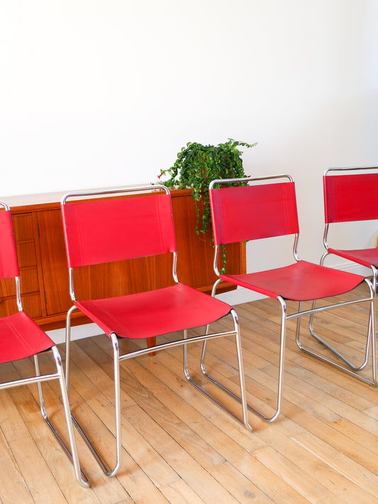 Ensemble de 4 chaises tubulaires en croute de cuir Rouge Italy, Design, 1970