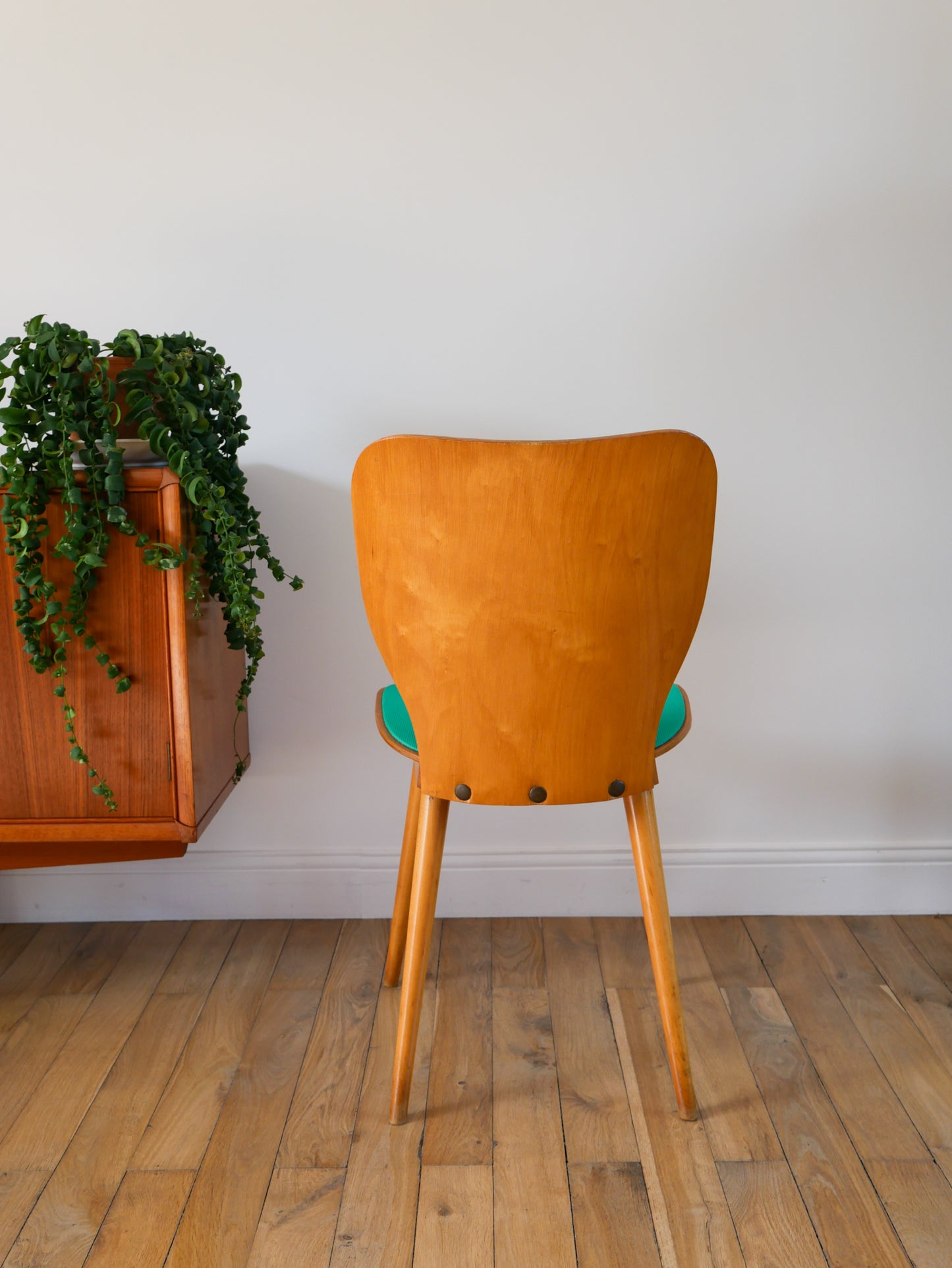 Chaise en bois Blond et skaï Vert, designer Max Bill pour Baumann, modèle N°800 G, Design, 1950