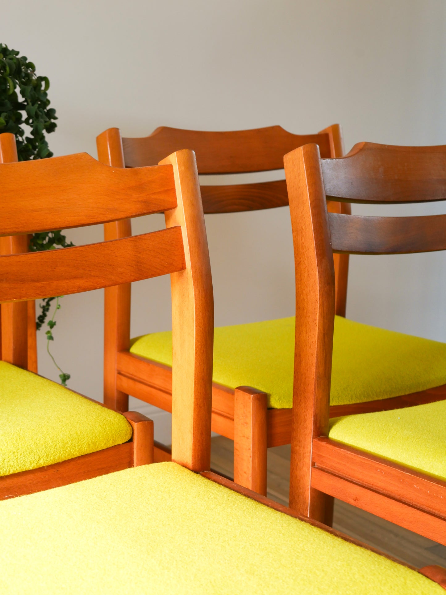 Ensemble de 4 chaises en pin et laine bouillie, Vert, entièrement retapissées, Design Scandinave, 1960