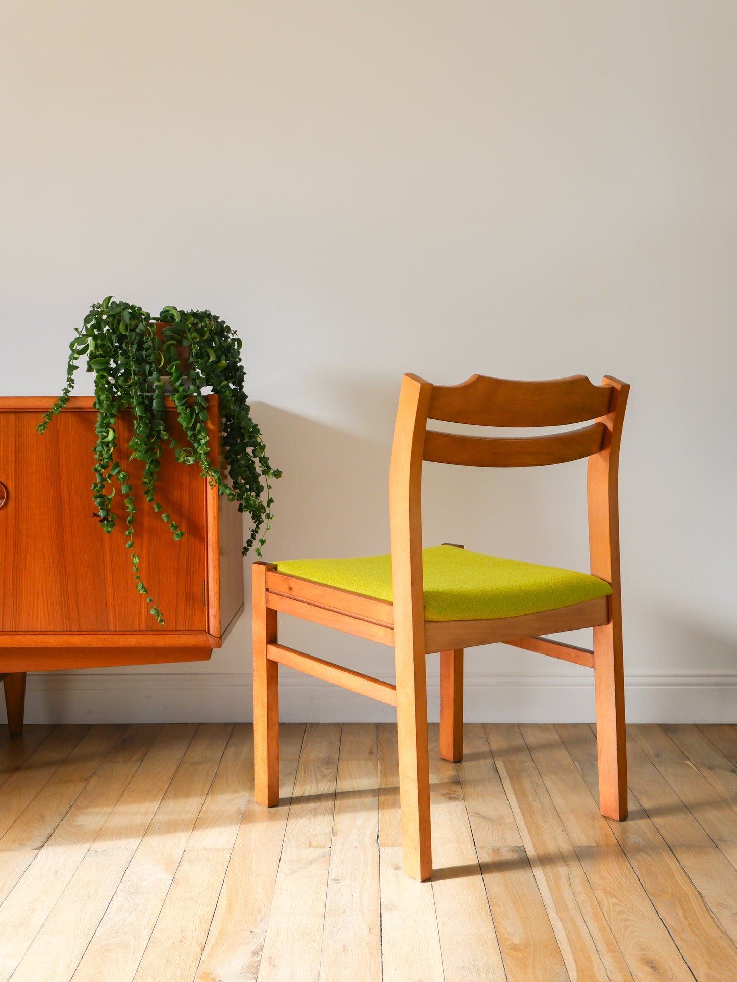 Ensemble de 4 chaises en pin et laine bouillie, Vert, entièrement retapissées, Design Scandinave, 1960