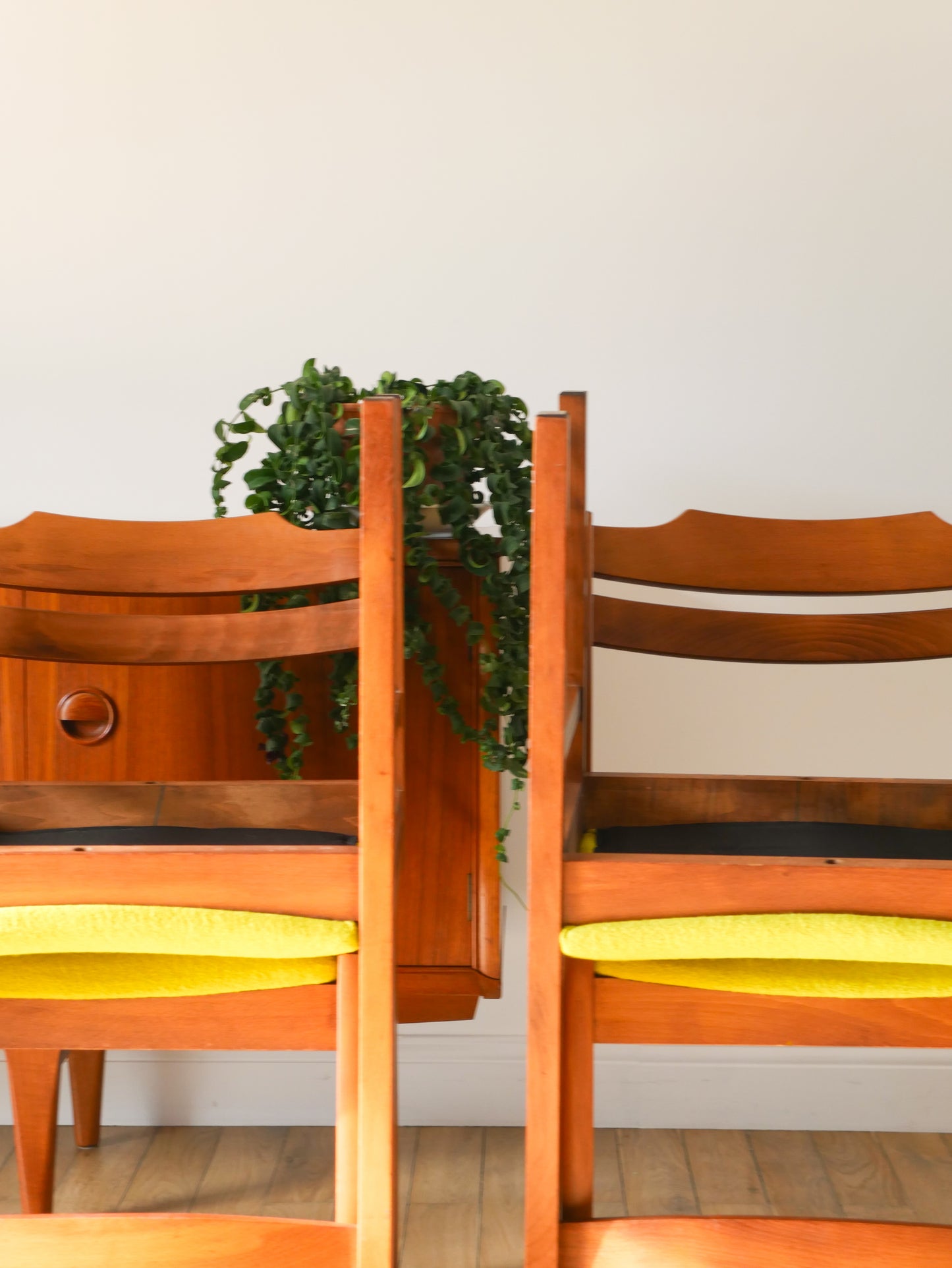 Ensemble de 4 chaises en pin et laine bouillie, Vert, entièrement retapissées, Design Scandinave, 1960