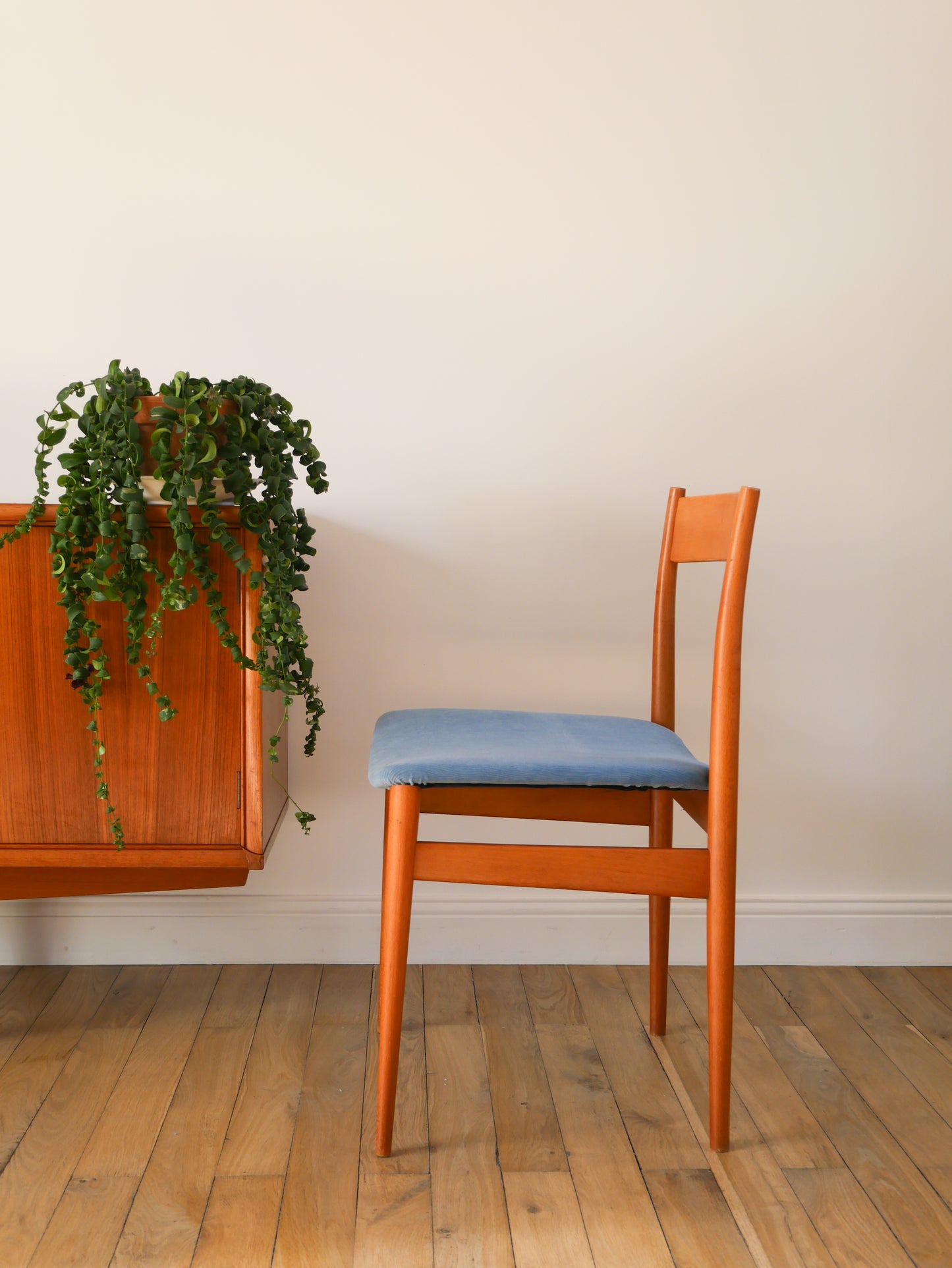 Paire de chaises Scandinaves en bois de hêtre et velours Bleu Orage, entièrement retapissées, Design, 1960