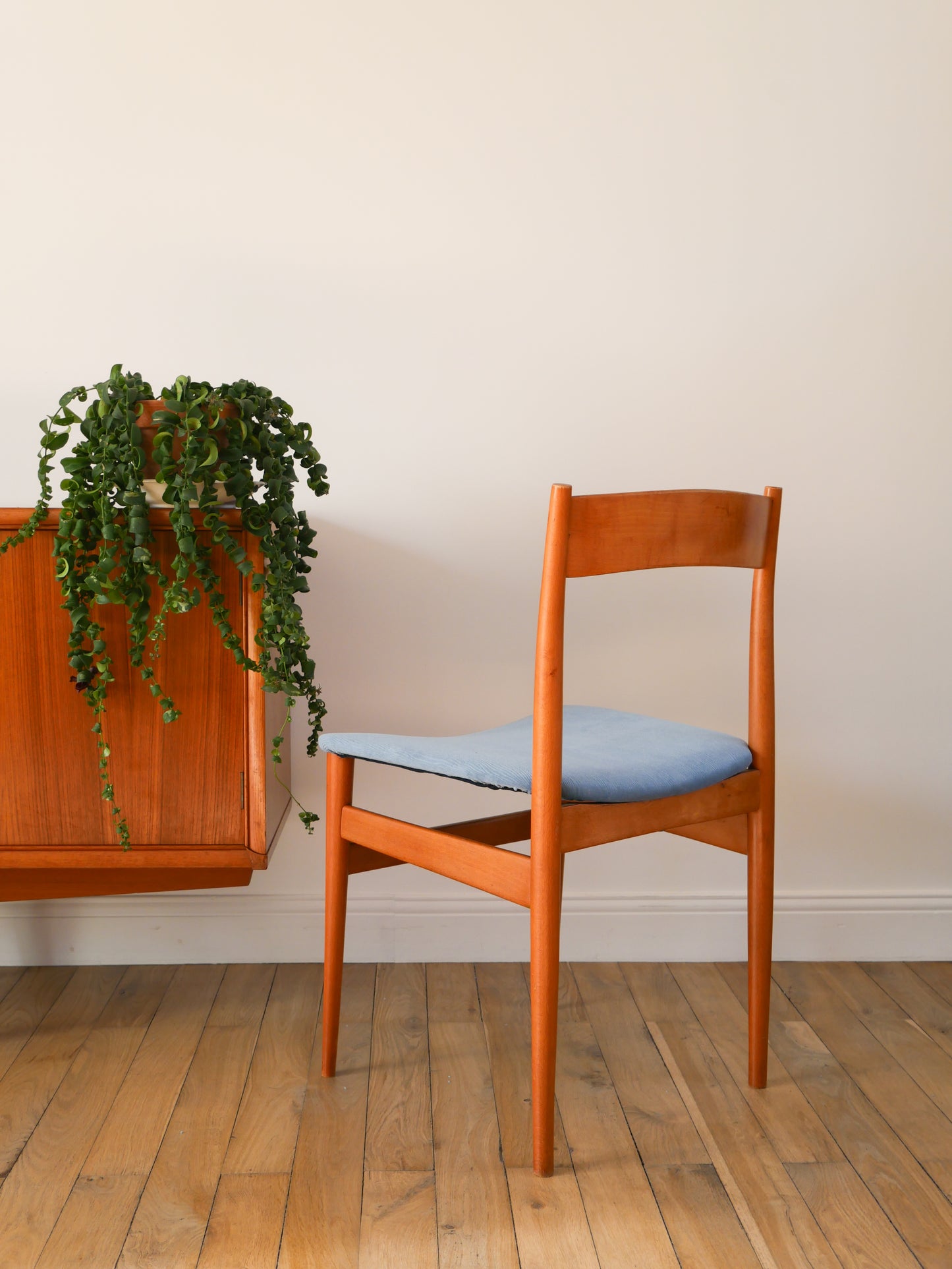 Paire de chaises Scandinaves en bois de hêtre et velours Bleu Orage, entièrement retapissées, Design, 1960