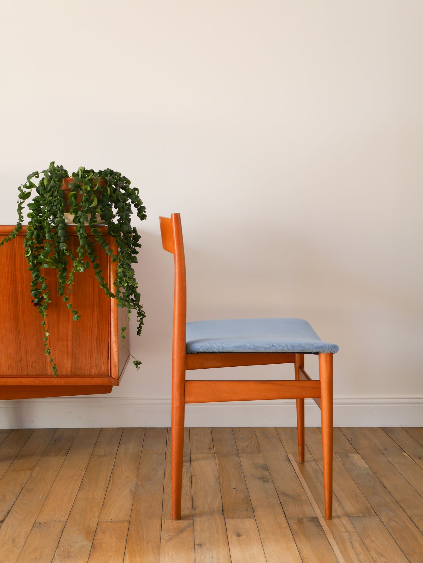 Paire de chaises Scandinaves en bois de hêtre et velours Bleu Orage, entièrement retapissées, Design, 1960