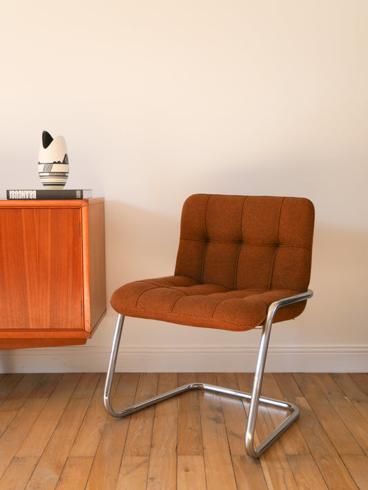 Fauteuil Storm, Yves Christin pour Airbone, tubulaire en chrome et tissus, Marron Glacé, Design Space Age, 1970