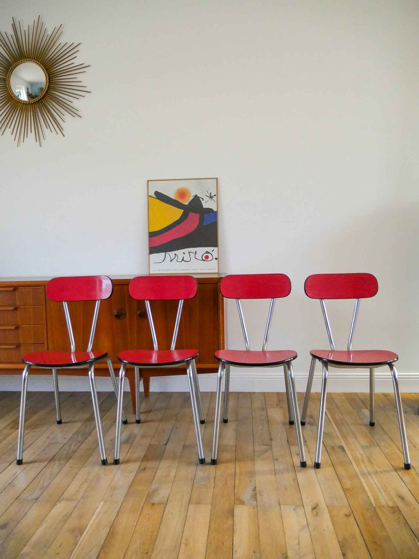 Ensemble de 4 chaises en formica et chrome, Rouges à motifs, 1970