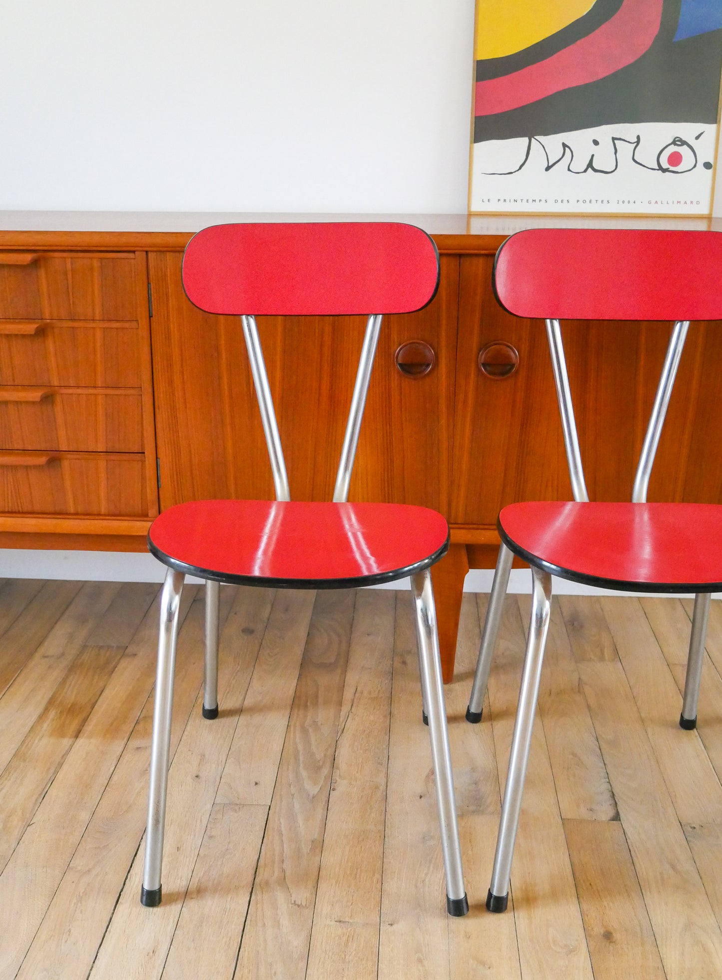 Ensemble de 4 chaises en formica et chrome, Rouges à motifs, 1970