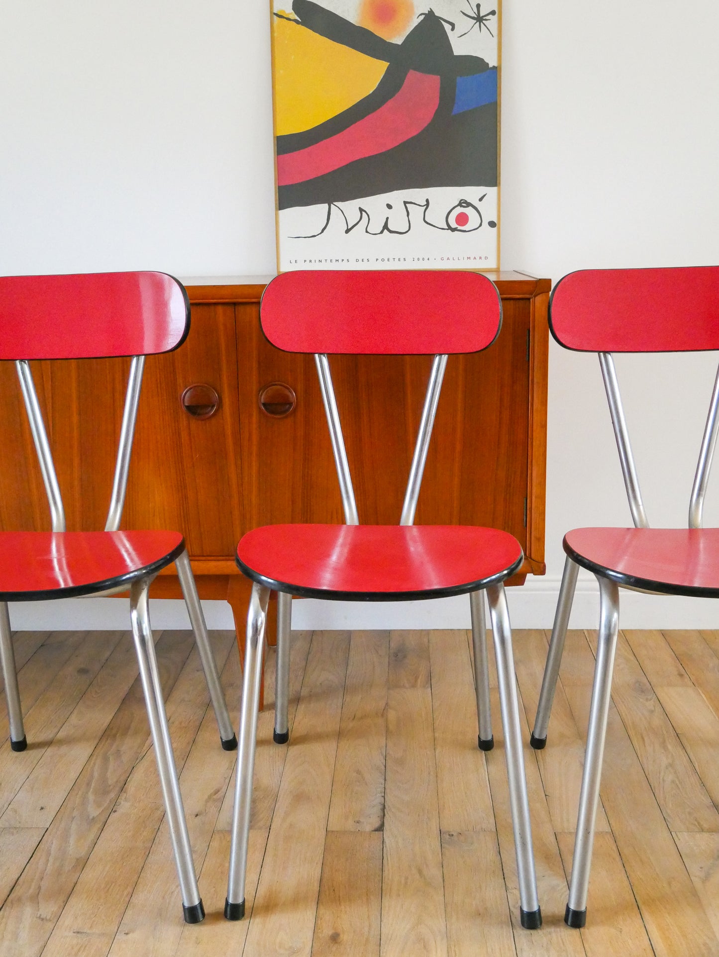 Ensemble de 4 chaises en formica et chrome, Rouges à motifs, 1970