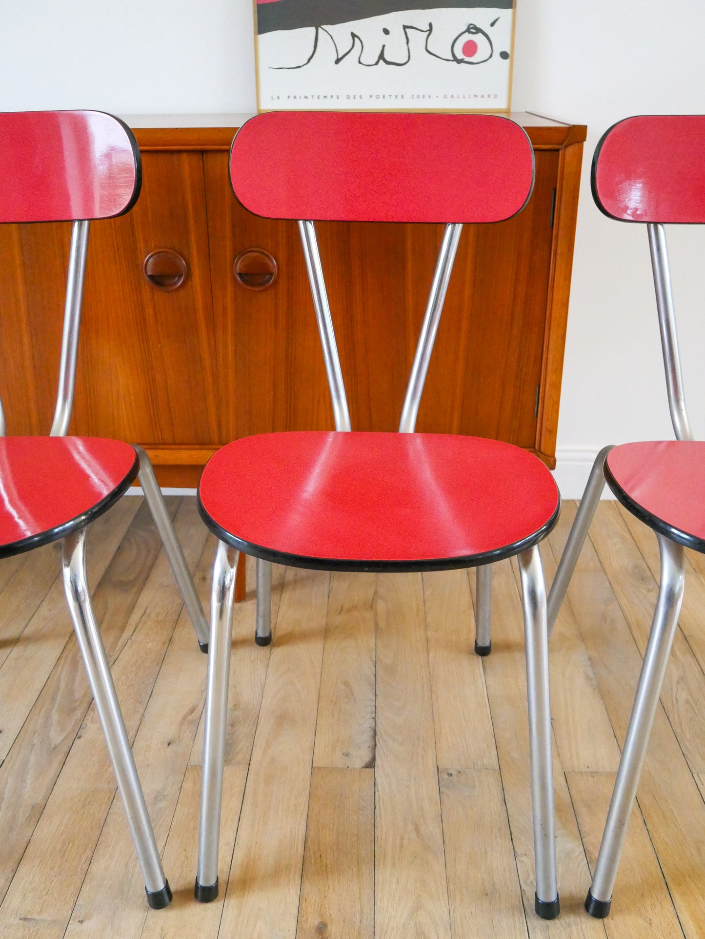 Ensemble de 4 chaises en formica et chrome, Rouges à motifs, 1970