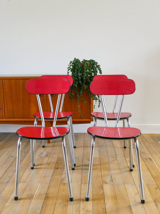 Ensemble de 4 chaises en formica et chrome, Rouges à motifs, 1970