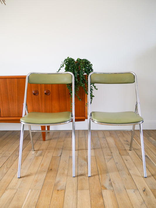 Paire de chaises pliantes en chrome et skaï Vert Amande, Design, 1970