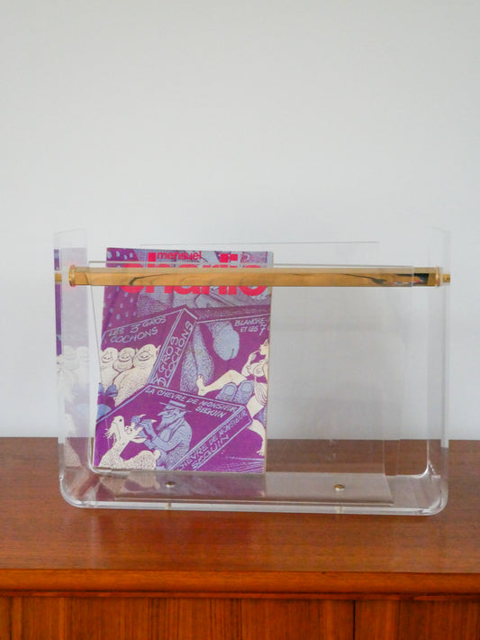 Porte-revue en plexi transparent et laiton doré, David Lange pour Roche Bobois, Design, 1970