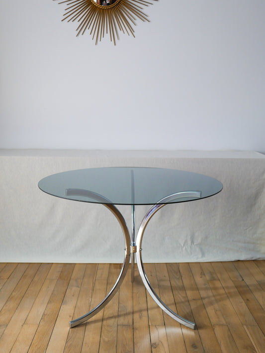 Table de salon ronde en verre fumé / bleuté et chrome piètements étoile design 1970