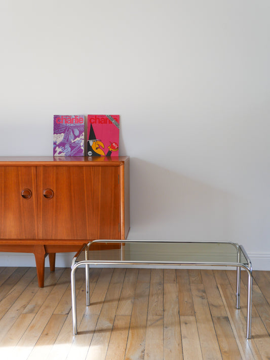 Table basse en chrome et verre fumé Design, 1970 - 83 X 41 X 35.5 cm