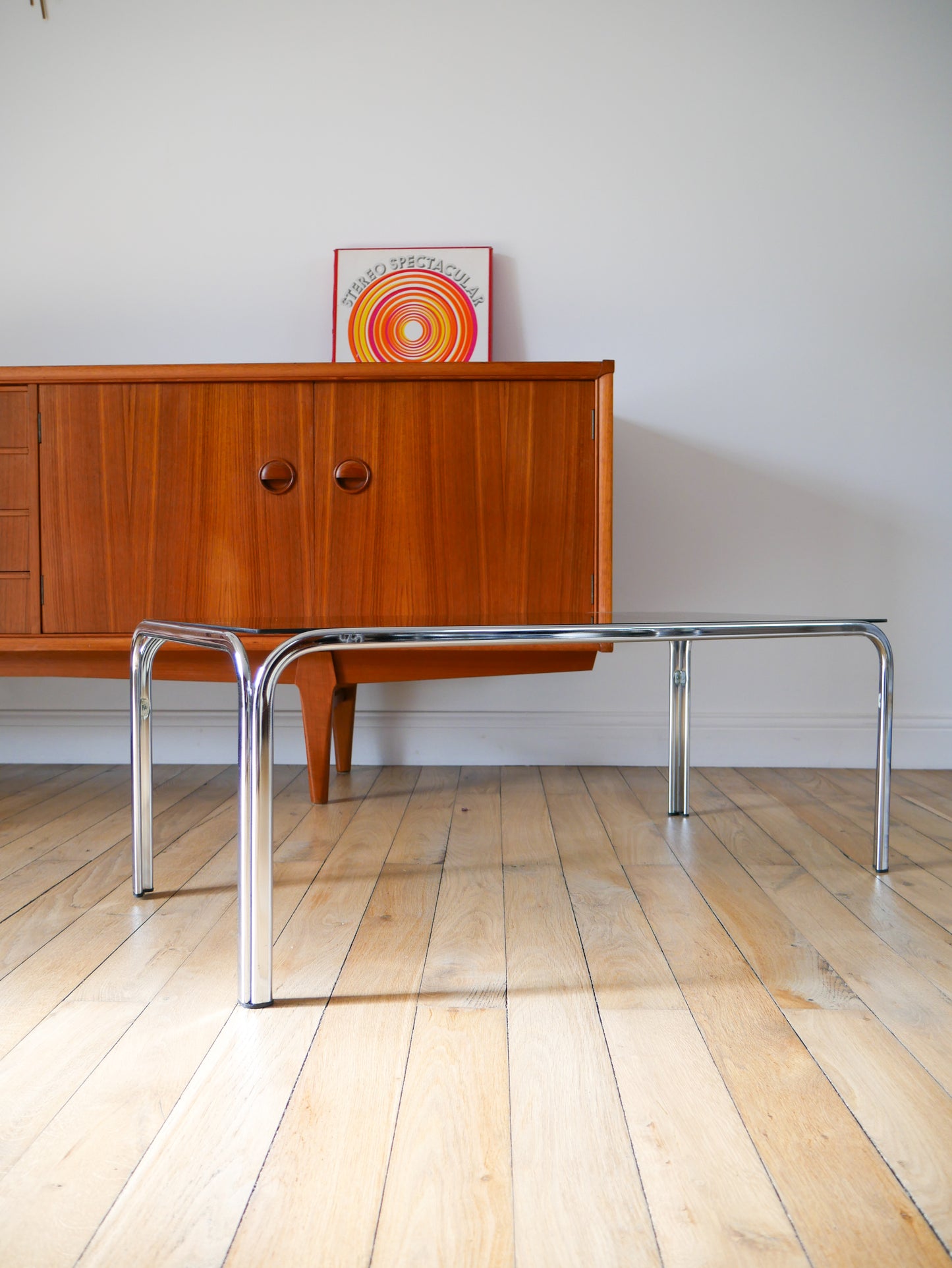 Table basse en chrome et verre fumé Design, 1970 - 90 X 42 X 34.5 cm