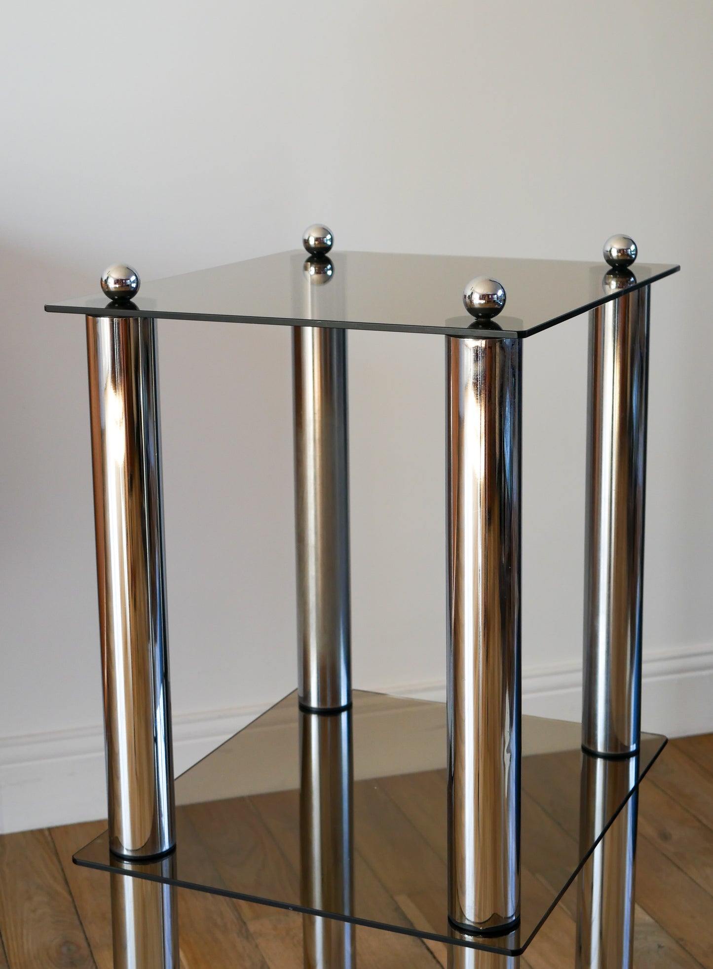 Sellette en chrome et verre fumé, double étages, Design, 1970