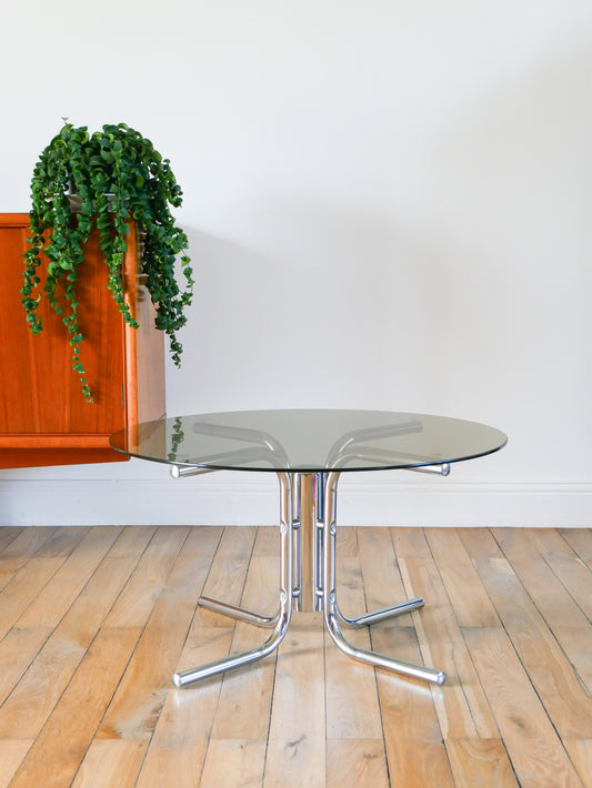 Table basse ronde en verre fumé et chrome, piètement étoile, Design, 1970