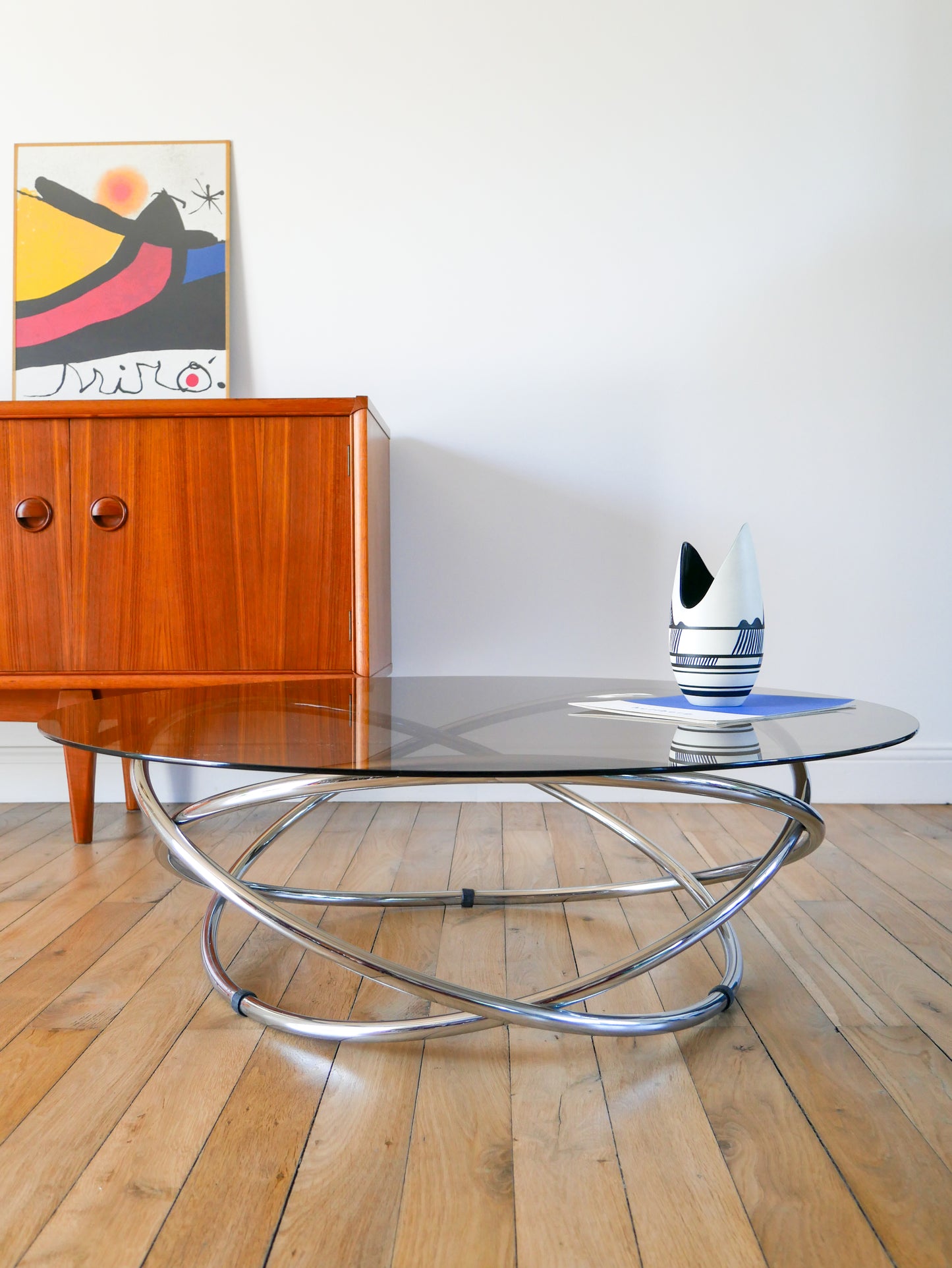 Table basse ronde en chrome et verre fumé par Miniforms "Swirl", Made in Italy, Design Space Age, 1970