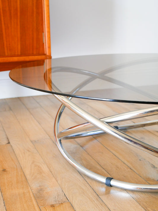 Table basse ronde en chrome et verre fumé par Miniforms "Swirl", Made in Italy, Design Space Age, 1970