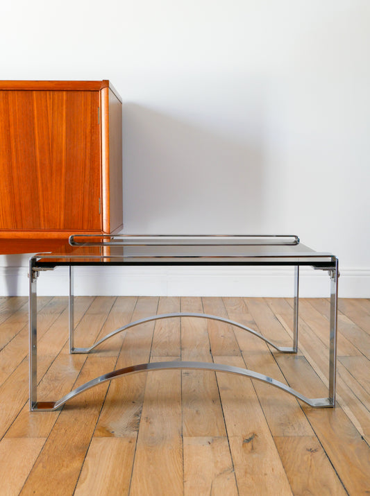 Table basse rectangulaire en chrome et verre fumé, pieds arqués, Space Age, Design, 1970