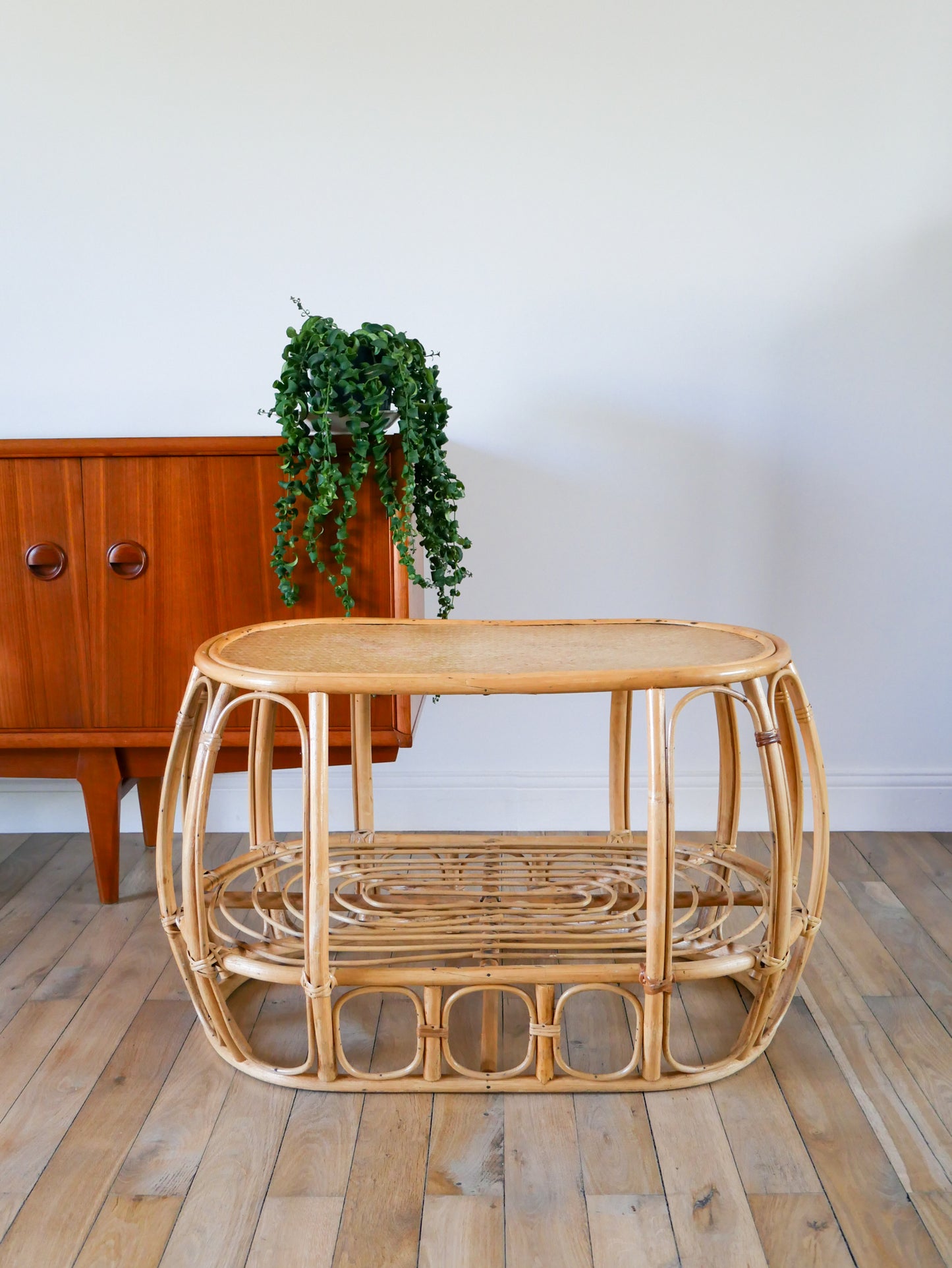 Table basse ovale en rotin et bambou, double plateaux, 1960