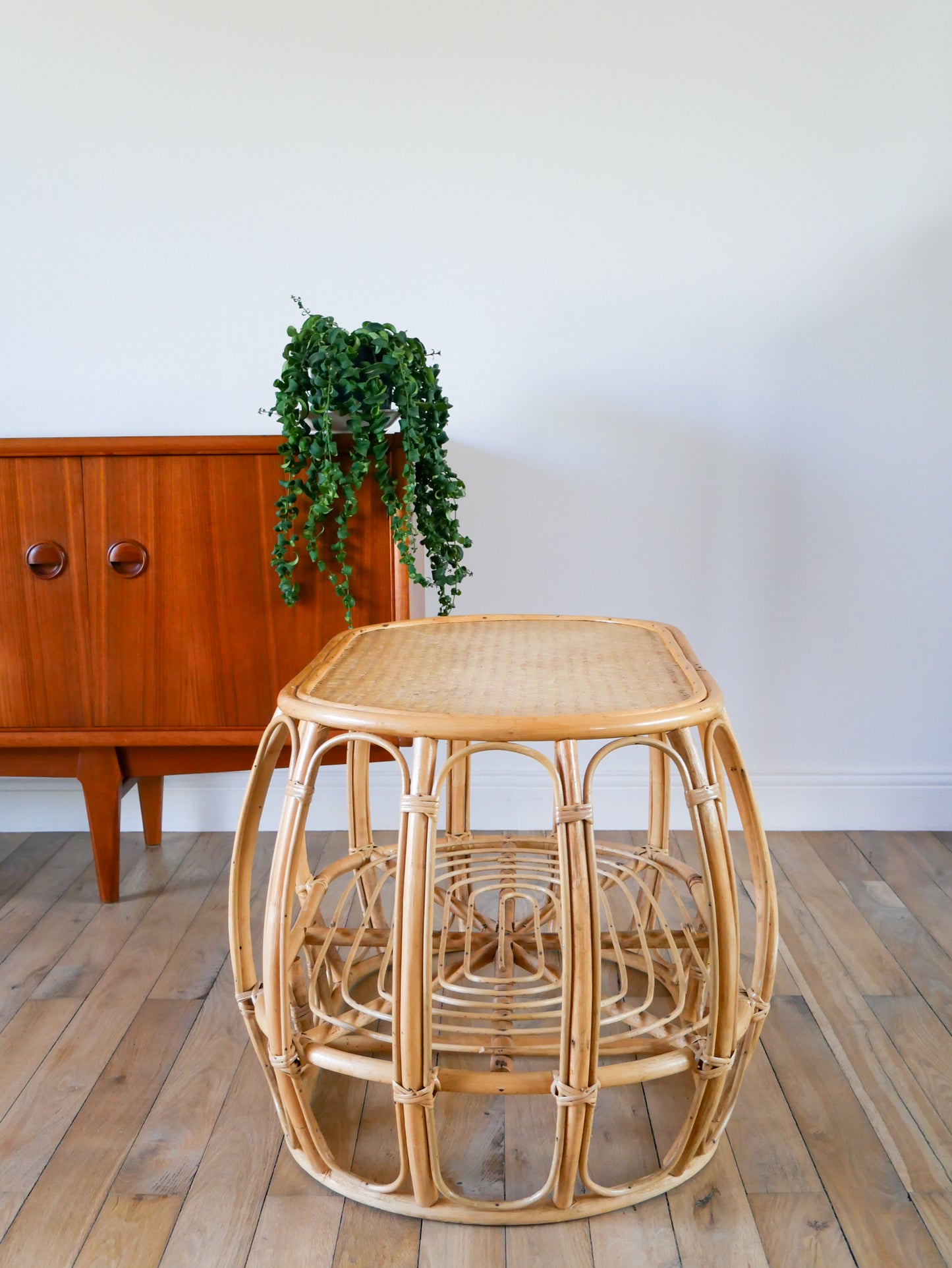 Table basse ovale en rotin et bambou, double plateaux, 1960