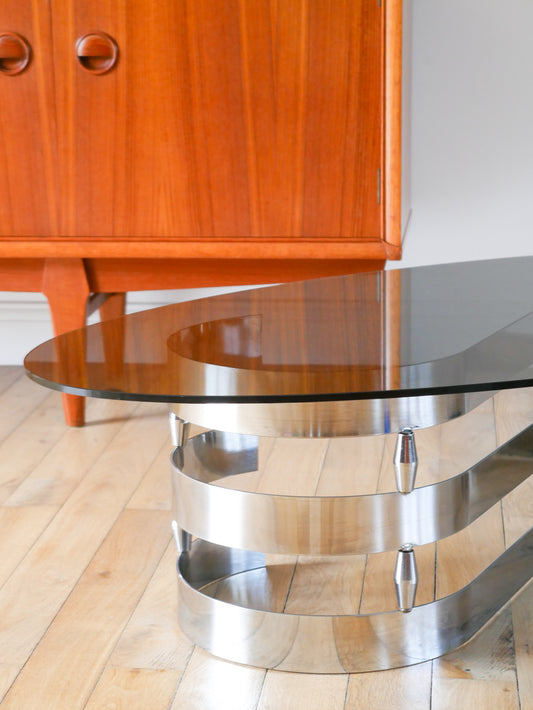 Table basse ovoïde en verre fumé et chrome, piètement en S, Design, 1970