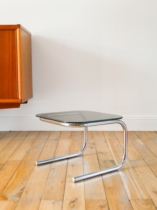 Petite table basse tubulaire en verre fumé et chrome, Design, 1970