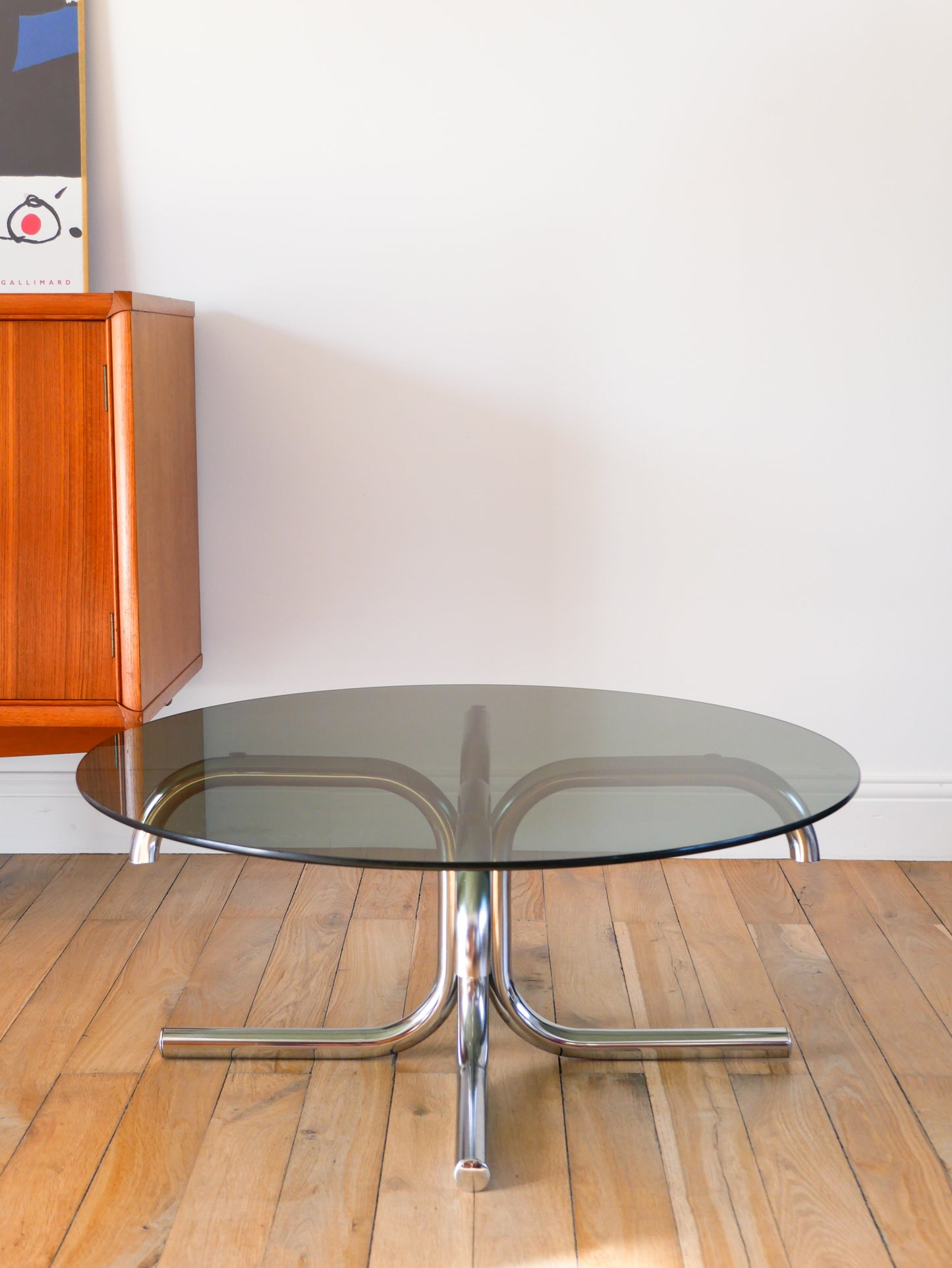 Table basse tubulaire ronde en verre et chrome, piètements étoile, Design, 1970