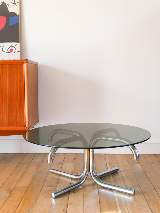 Table basse tubulaire ronde en verre et chrome, piètements étoile, Design, 1970