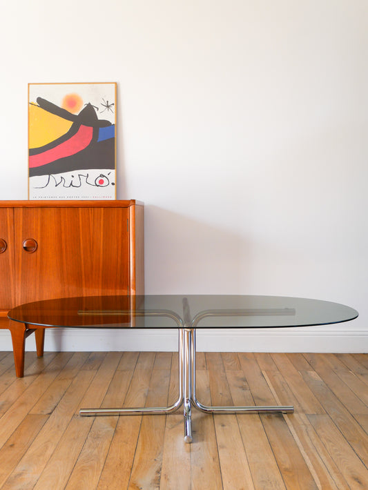 Table basse tubulaire ovale en verre et chrome, piètements étoile, Design, 1970