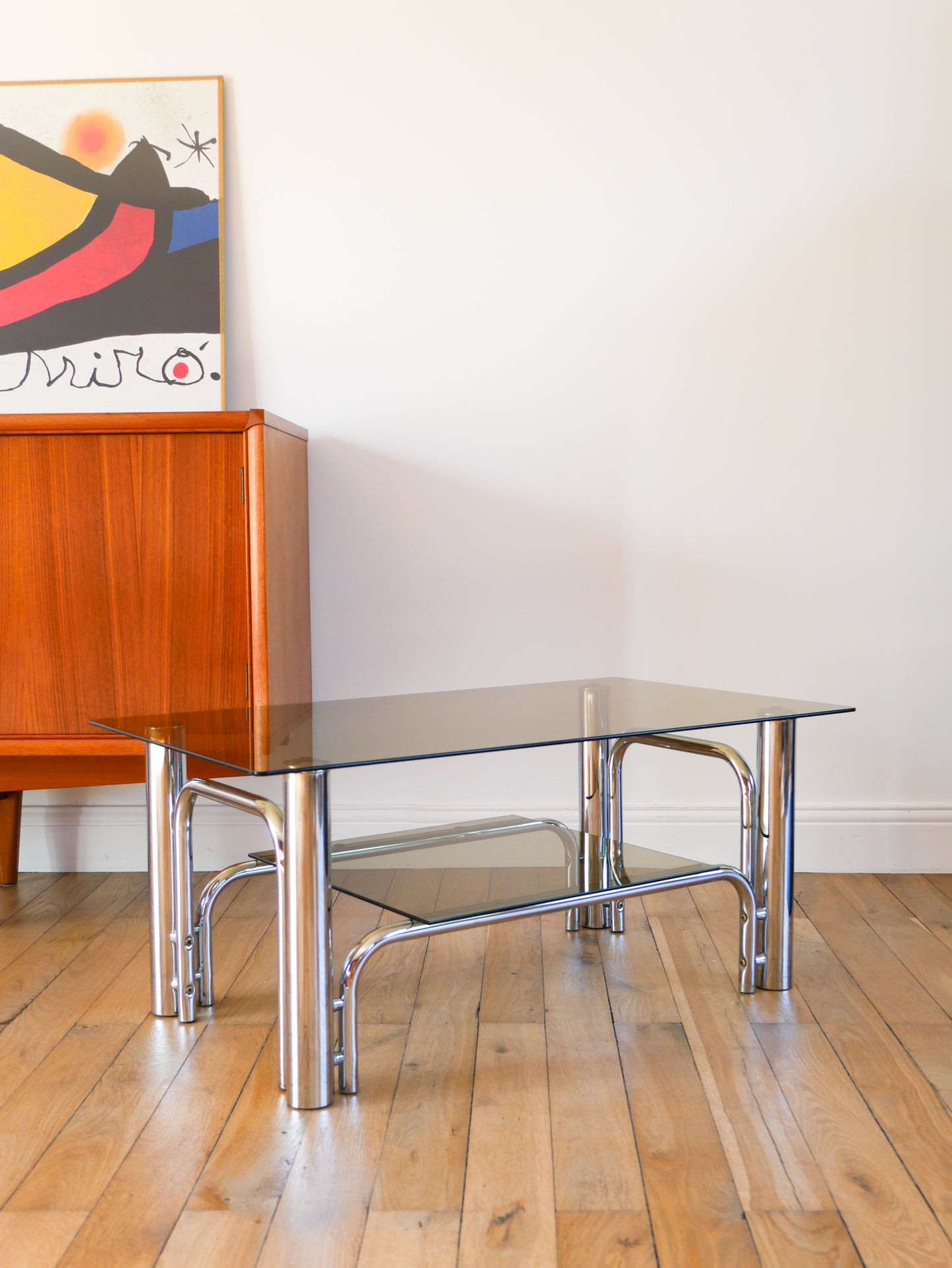 Table basse rectangulaire en verre et chrome, double plateaux, Design, 1970