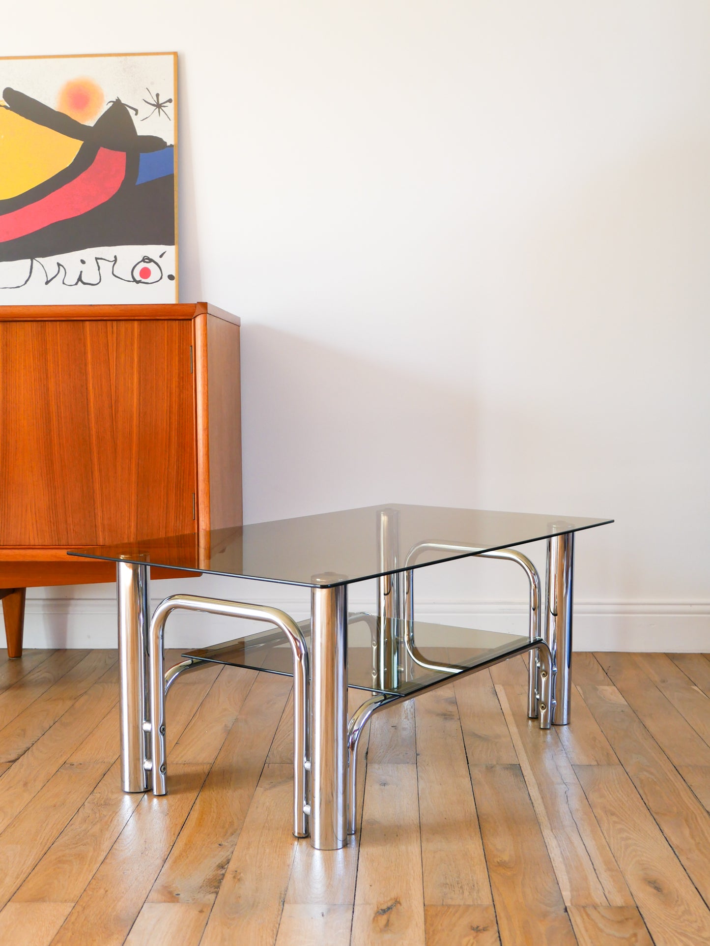 Table basse rectangulaire en verre et chrome, double plateaux, Design, 1970