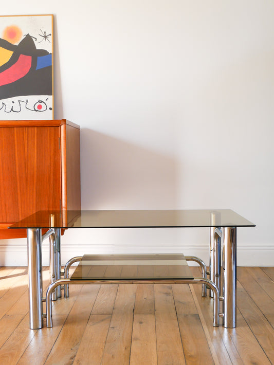 Table basse rectangulaire en verre et chrome, double plateaux, Design, 1970