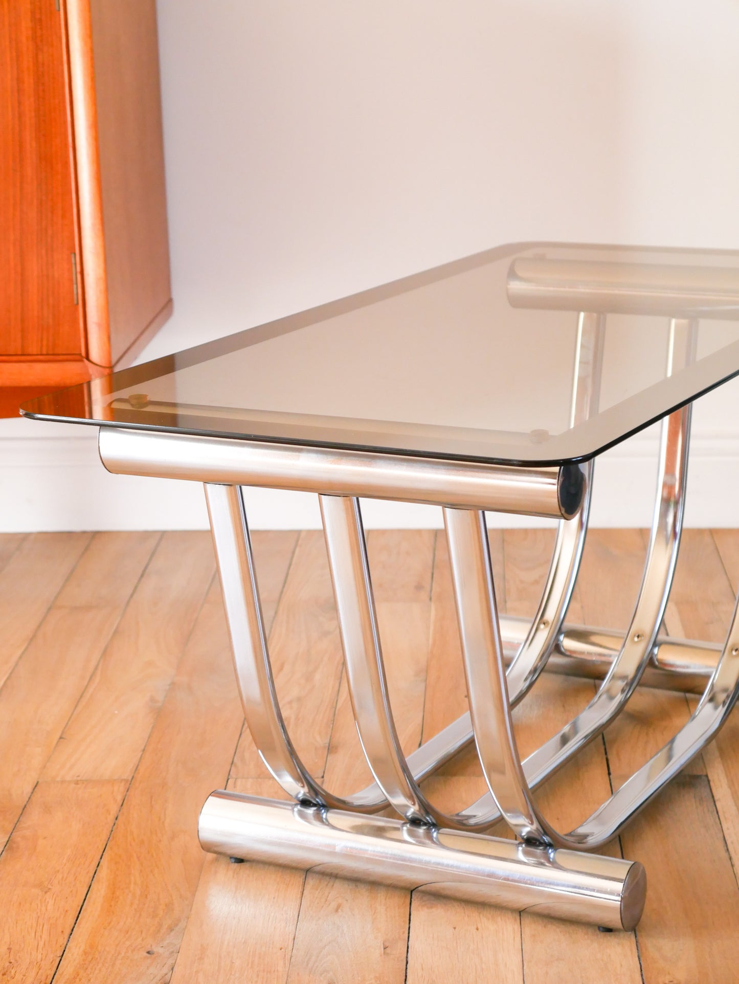 Table basse rectangulaire en verre et chrome par Yves Boutboul, piètements Graphique, Made in Italy, Design, 1970